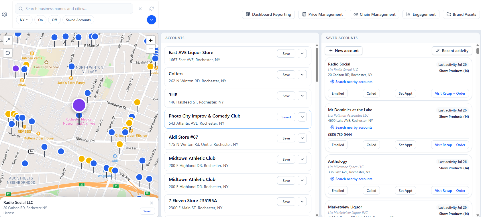 Ruby CRM desktop workspace showing a Rochester NY map with license pins, an accounts list, and saved accounts with one-tap activity logging