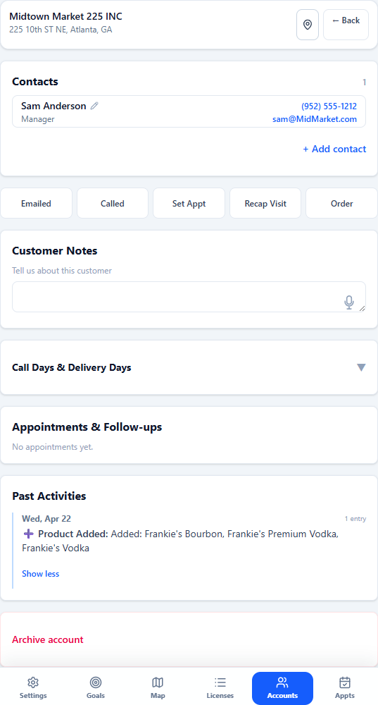 Ruby CRM mobile account view showing contacts, one-tap activity buttons, customer notes, and past activities for a saved account