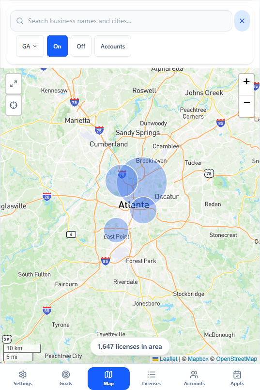 Ruby CRM mobile map showing active on-premise license clusters across metro Atlanta with 1,647 licenses in the area
